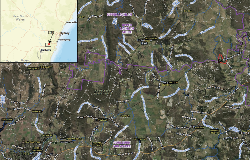 Map showing the location of the Canyonleigh Battery Energy Storage System project site near Brayton, New South Wales.