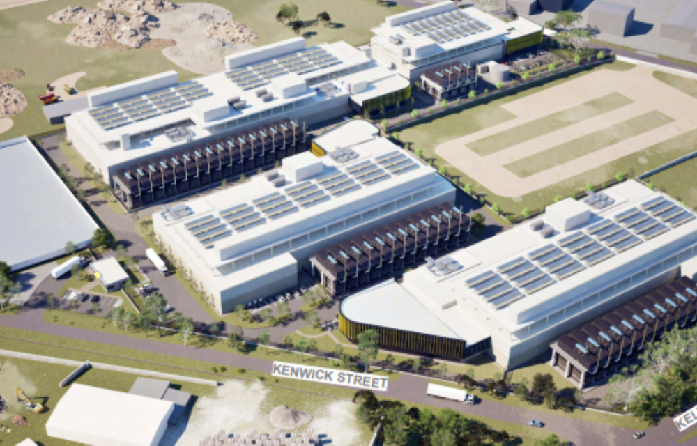 Conceptual image of large-scale data centre development site featuring multiple warehouses and secure access points