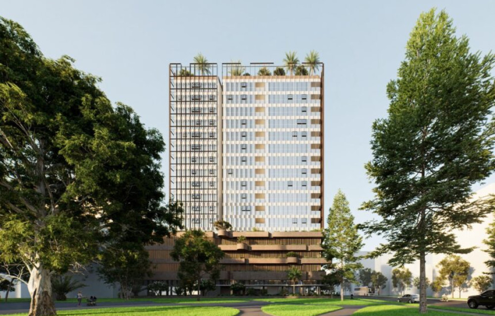 Architect’s elevation drawing of an 18-storey modular residential tower in Woolloongabba with rooftop and podium greenery