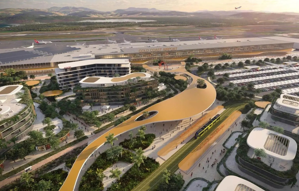 Artist’s impression of a large-scale airport precinct redevelopment featuring transport, commercial and education facilities in south-east Queensland.