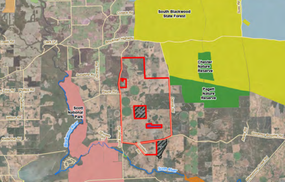 Proposed wind farm project in South West WA featuring multiple wind turbines and associated energy infrastructure