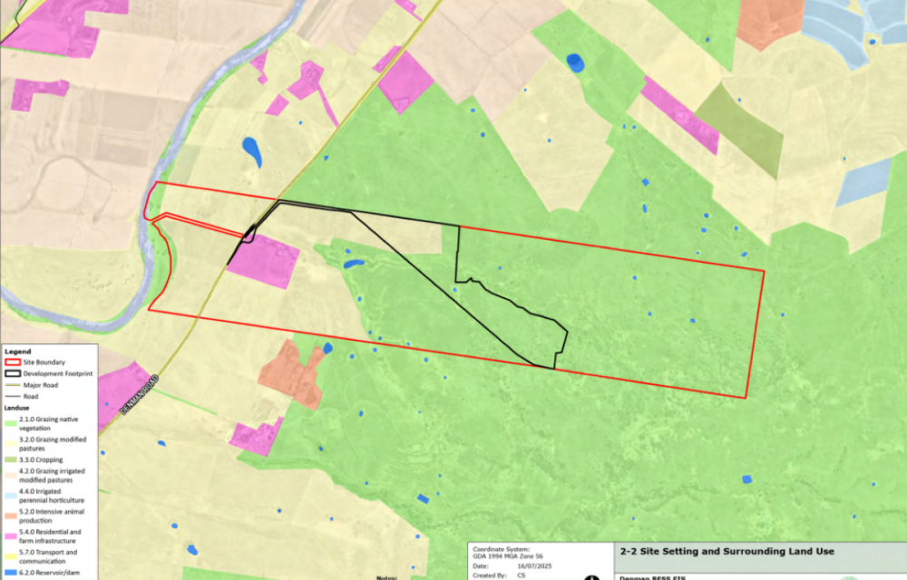 Concept for the $1.7bn Denman BESS in the Hunter region, with rows of battery modules, access tracks and connection to existing 500 kV transmission lines.