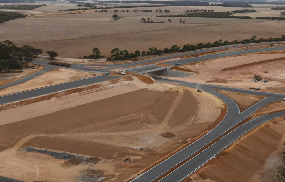 Construction works underway on a major road flyover project improving traffic flow and freight safety in Western Australia’s Great Southern region